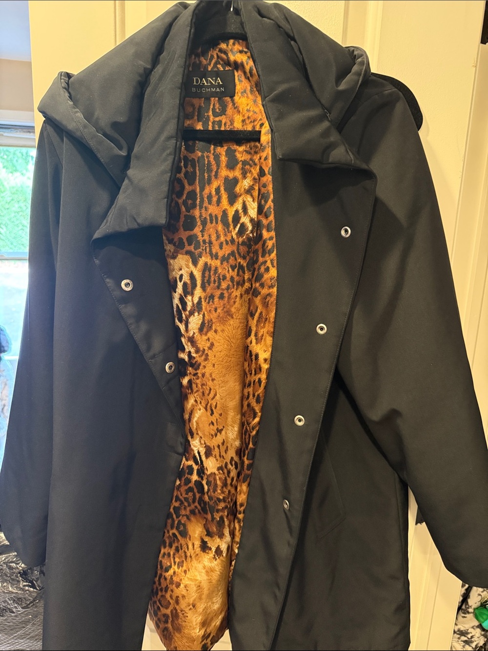 Dana Buchman Black Trench Coat with Leopard-Print Lining